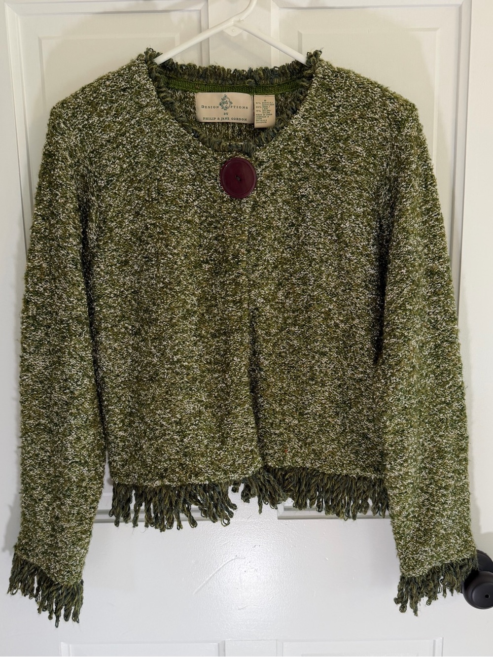 Vintage 90s Design Options Wool Blend Fringe Cardigan Shoulder Pads S